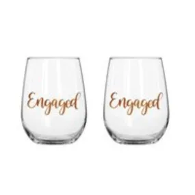 2 Pack Rose Gold Engaged Stemless Wine Glass - 600ml