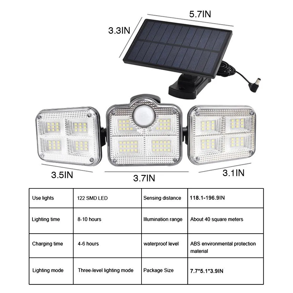 3-Head Solar Spotlight with 122 LEDs and 3 Lighting Modes