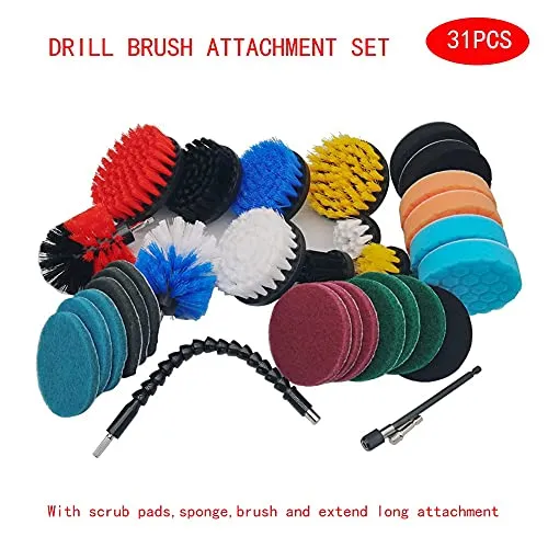 31 Piece Drill Brush Attachments Set, Scrub Pads & Sponge,Power Scrubber Brush with Extend Long Attachment All Purpose Cleaning Kit for Grout, Tiles, Sinks, Bathtub, Bathroom, Kitchen and Automobile