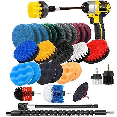 31 Piece Drill Brush Attachments Set, Scrub Pads & Sponge,Power Scrubber Brush with Extend Long Attachment All Purpose Cleaning Kit for Grout, Tiles, Sinks, Bathtub, Bathroom, Kitchen and Automobile