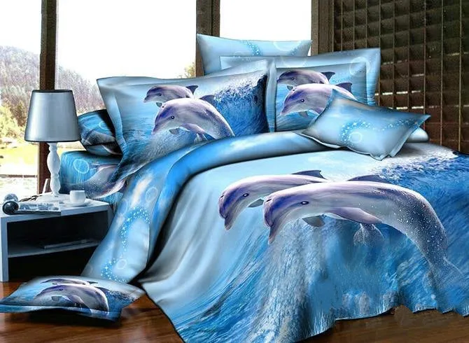 3D Dolphin Jumping in Ocean Printed Cotton Luxury 4-Piece Blue Bedding Sets/Duvet Covers