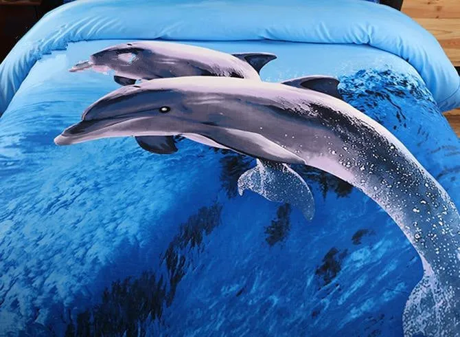 3D Dolphin Jumping in Ocean Printed Cotton Luxury 4-Piece Blue Bedding Sets/Duvet Covers