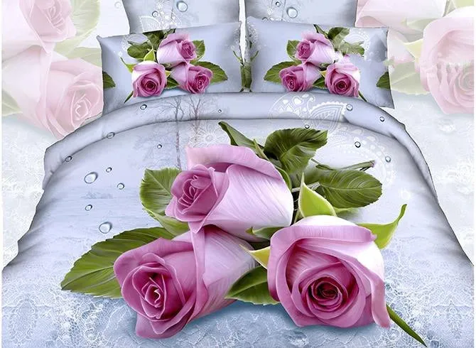 3D Pink Roses with Water-Drop Printed Cotton Luxury 4-Piece Bedding Sets