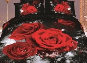 3D Red Roses Printed Cotton Luxury 4-Piece Black Bedding Sets/Duvet Covers