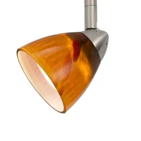 4 87" Tall Serpentine Track Head with Shade in Brushed Steel with Amber Spot Glass