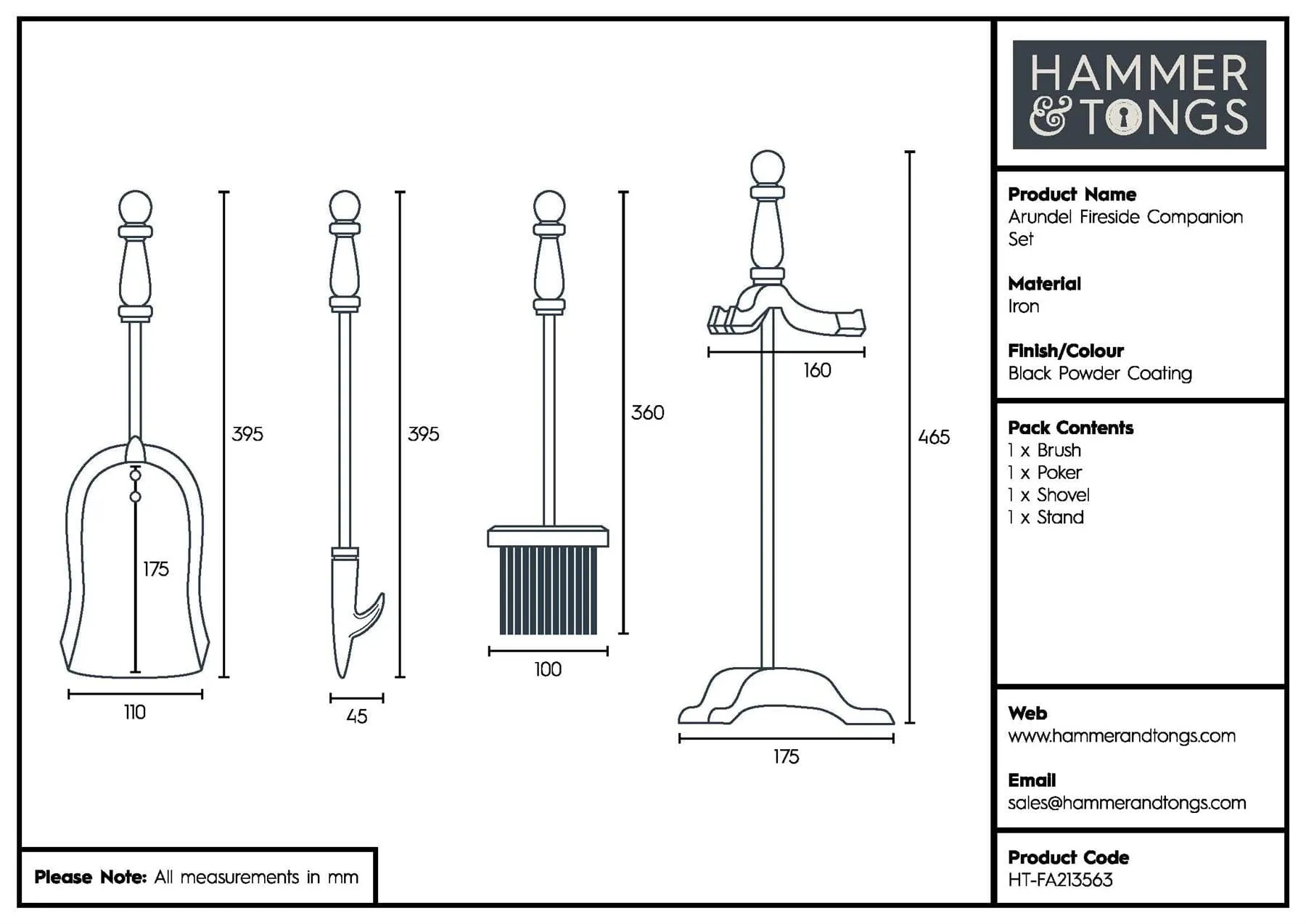 4pc Black 'Arundel' Fireside Companion Set - By Hammer & Tongs