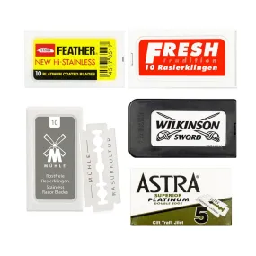 50pc Razor Blade Sampler: Feather, Fresh, Wilkinson, Muhle and Astra Platinum