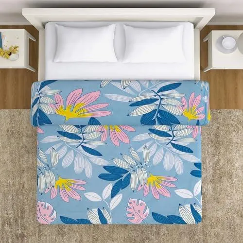 AC Comforter and Bedding Set for Double Bed, Sky Blue Tropical leaves