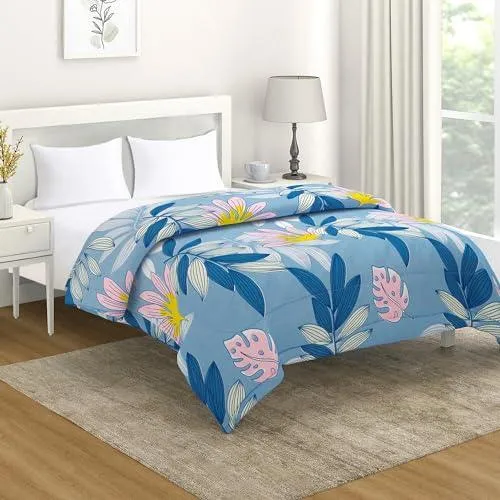 AC Comforter and Bedding Set for Double Bed, Sky Blue Tropical leaves