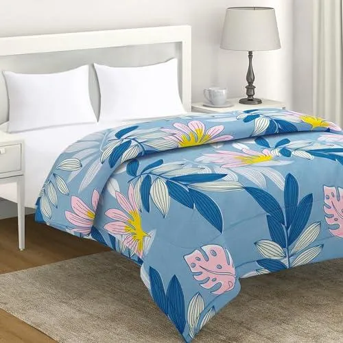 AC Comforter and Bedding Set for Double Bed, Sky Blue Tropical leaves