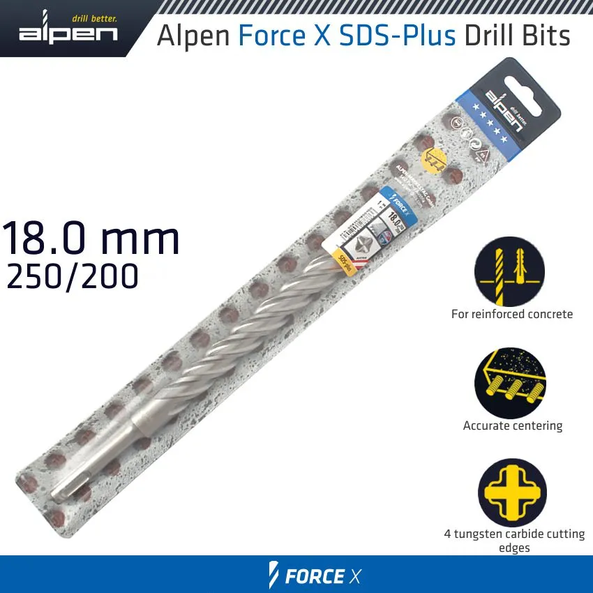 ALPEN FORCE X 18.0 x 250/200  SDS-PLUS DRILL BIT X4 CUTTING EDGES ALP835018