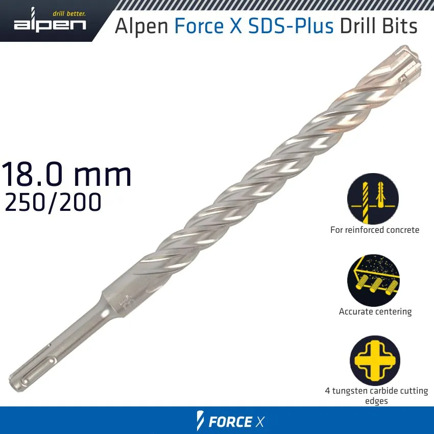 ALPEN FORCE X 18.0 x 250/200  SDS-PLUS DRILL BIT X4 CUTTING EDGES ALP835018