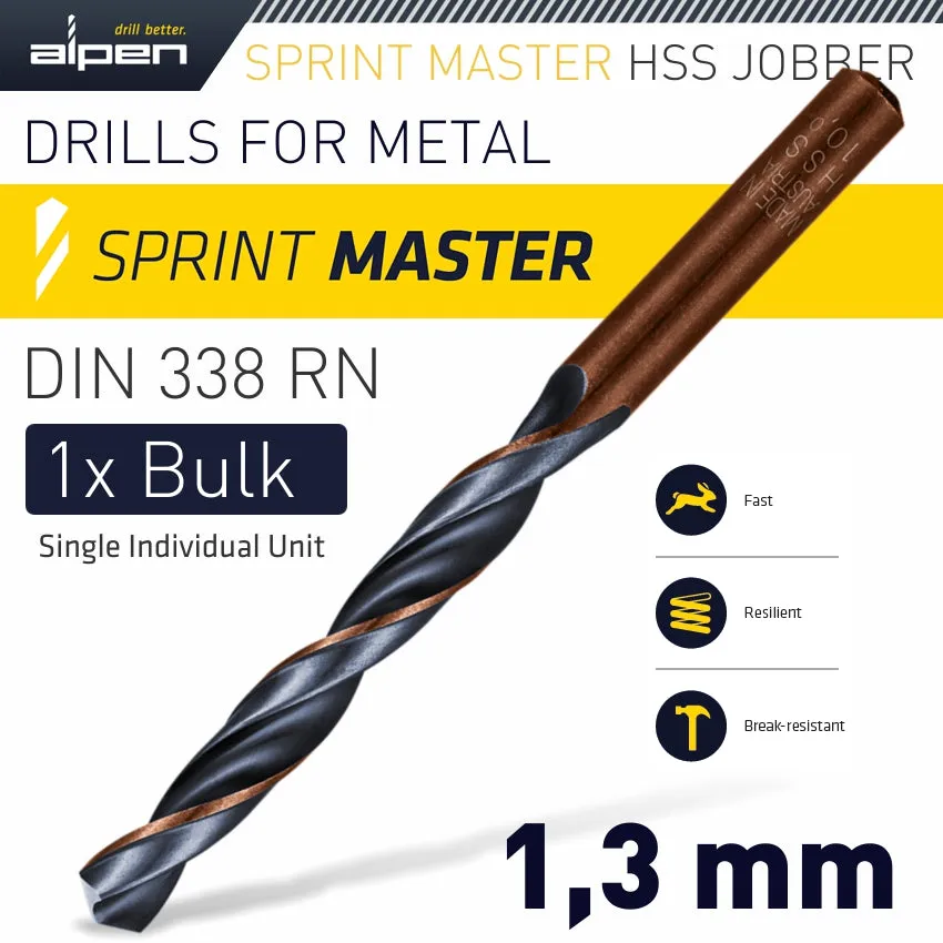 ALPEN HSS SPRINT MASTER 1.3MM BULK DIN 338 ALPEN DRILL BIT ALP6260013