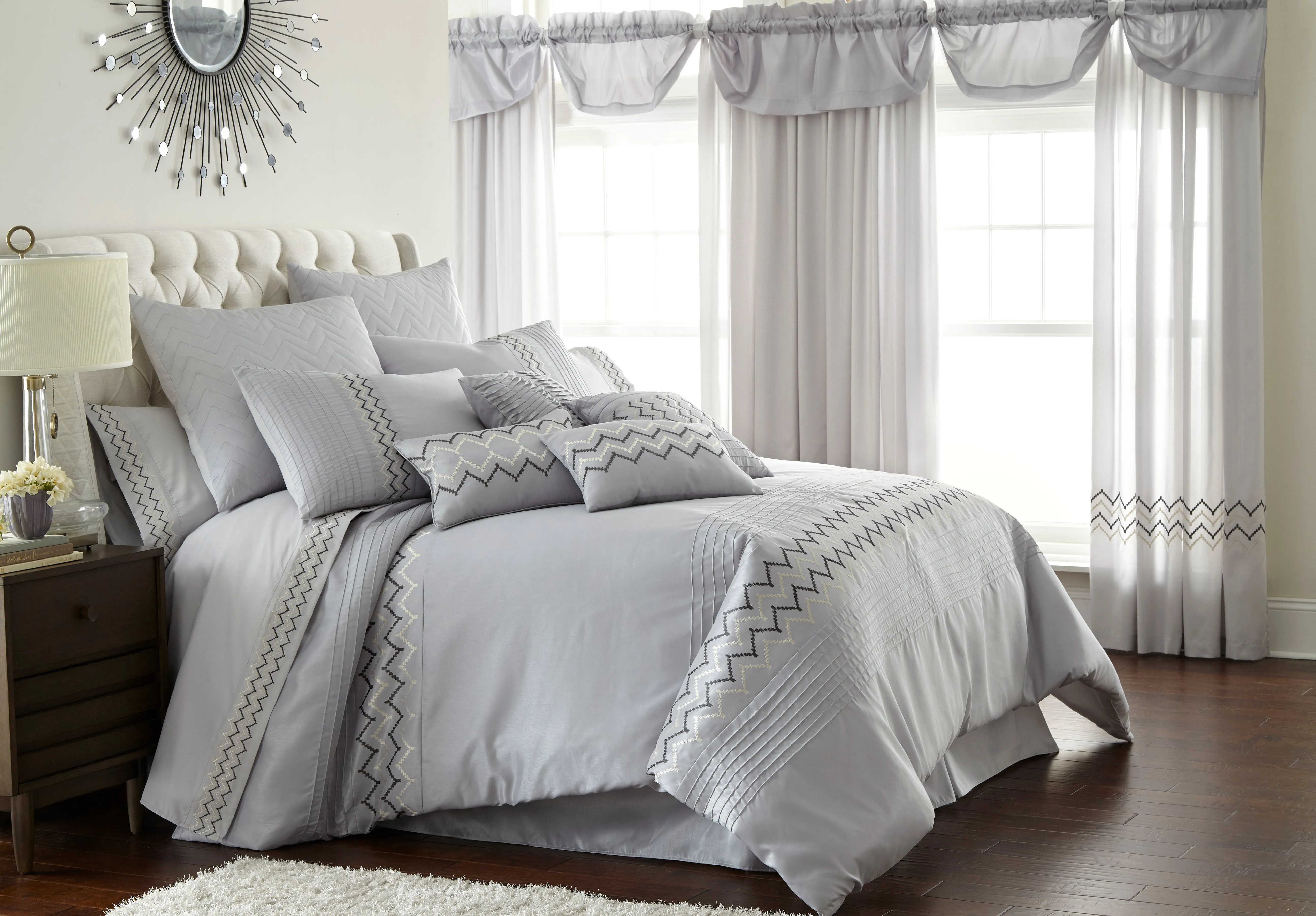 Angers 24 Piece Zig Zag Design King Size Polyester Comforter Set The Urban Port, Gray