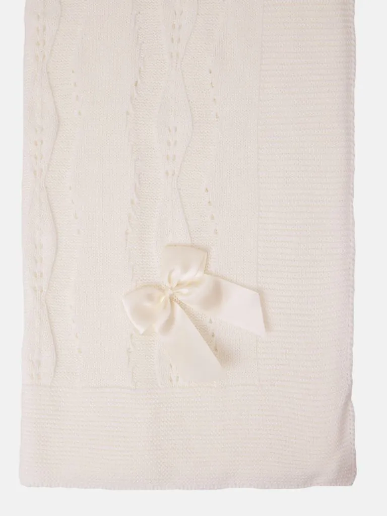 Baby Spanish Delicate Knitted Blanket with Bow - Ivory