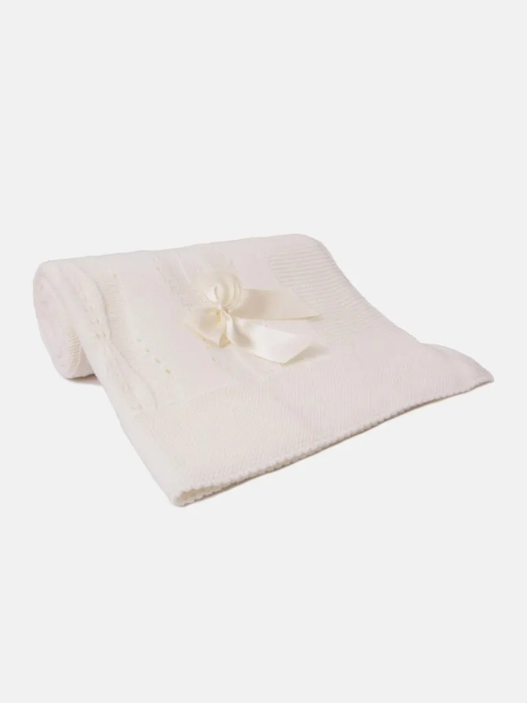 Baby Spanish Delicate Knitted Blanket with Bow - Ivory