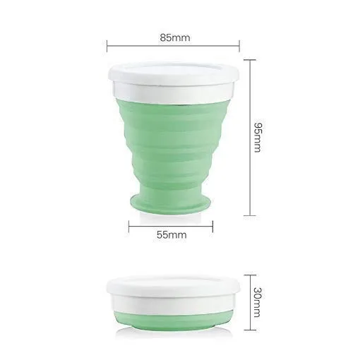 Baskety Silicone Collapsible Travel Cup - Silicone Folding Camping Cup with Lids - Expandable Drinking Cup Set - BPA Free, Portable, Graduated (Green)