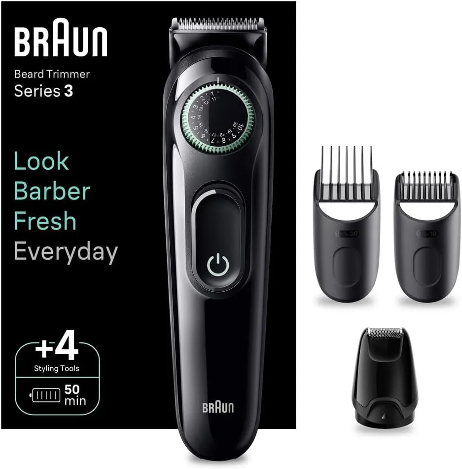 Beard Trimmer Series 3 & Hair Clippers, 40 Length Settings, Rechargeable 50-min Cordless Runtime, Gifts for Men, UK 2 Pin Plug, BT3421, Black/Vibrant Green