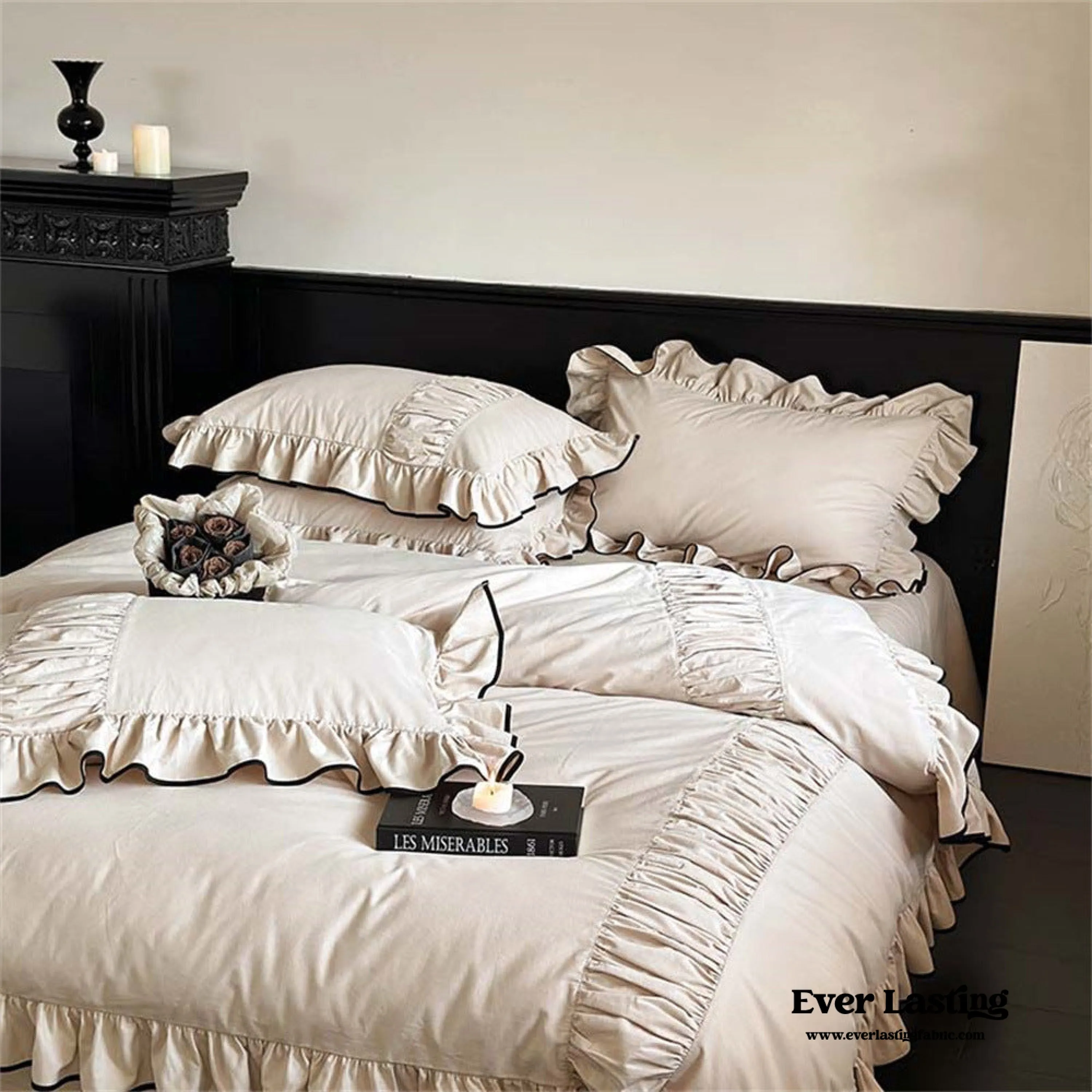 Beige Black Trim Ruffle Bedding Bundle