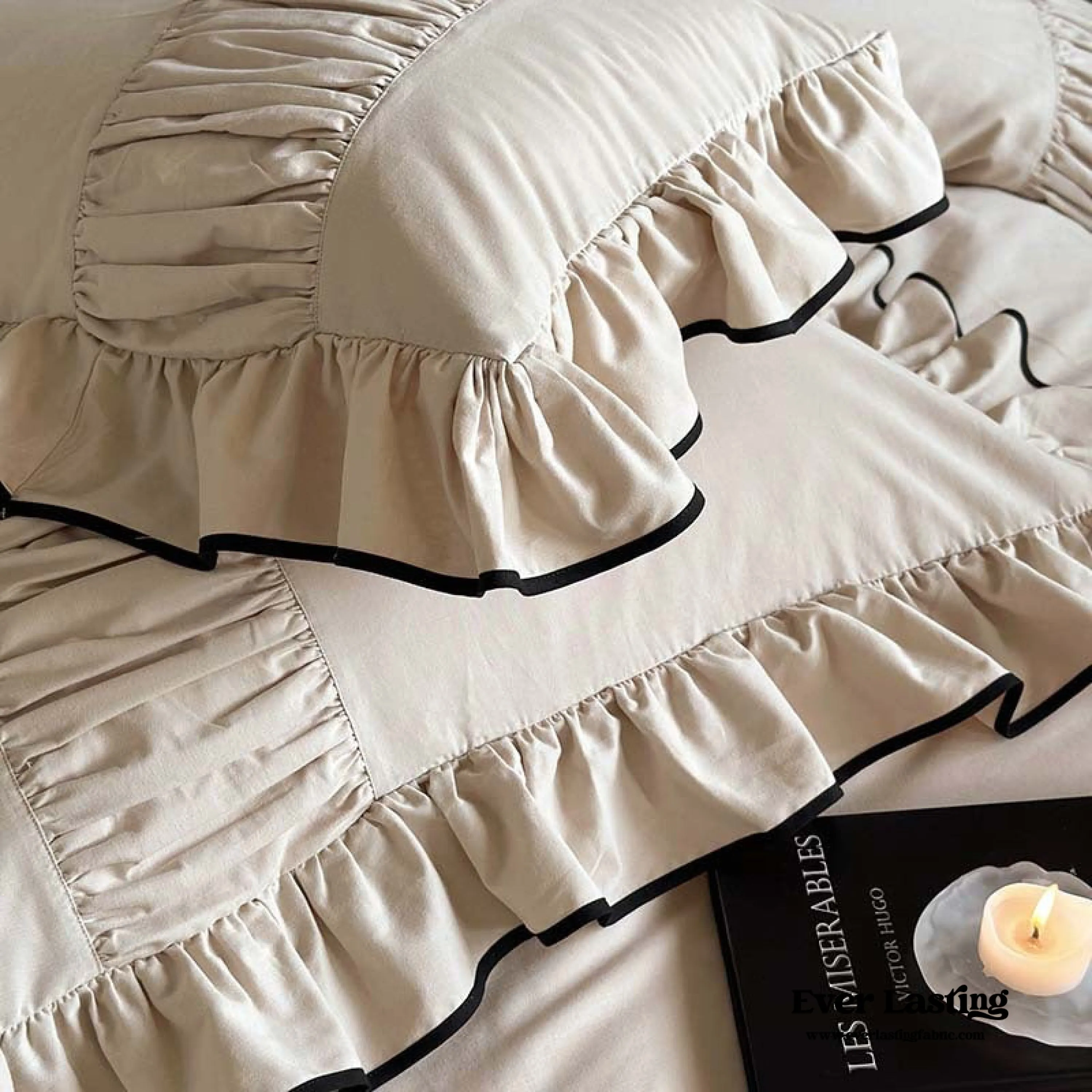 Beige Black Trim Ruffle Bedding Bundle