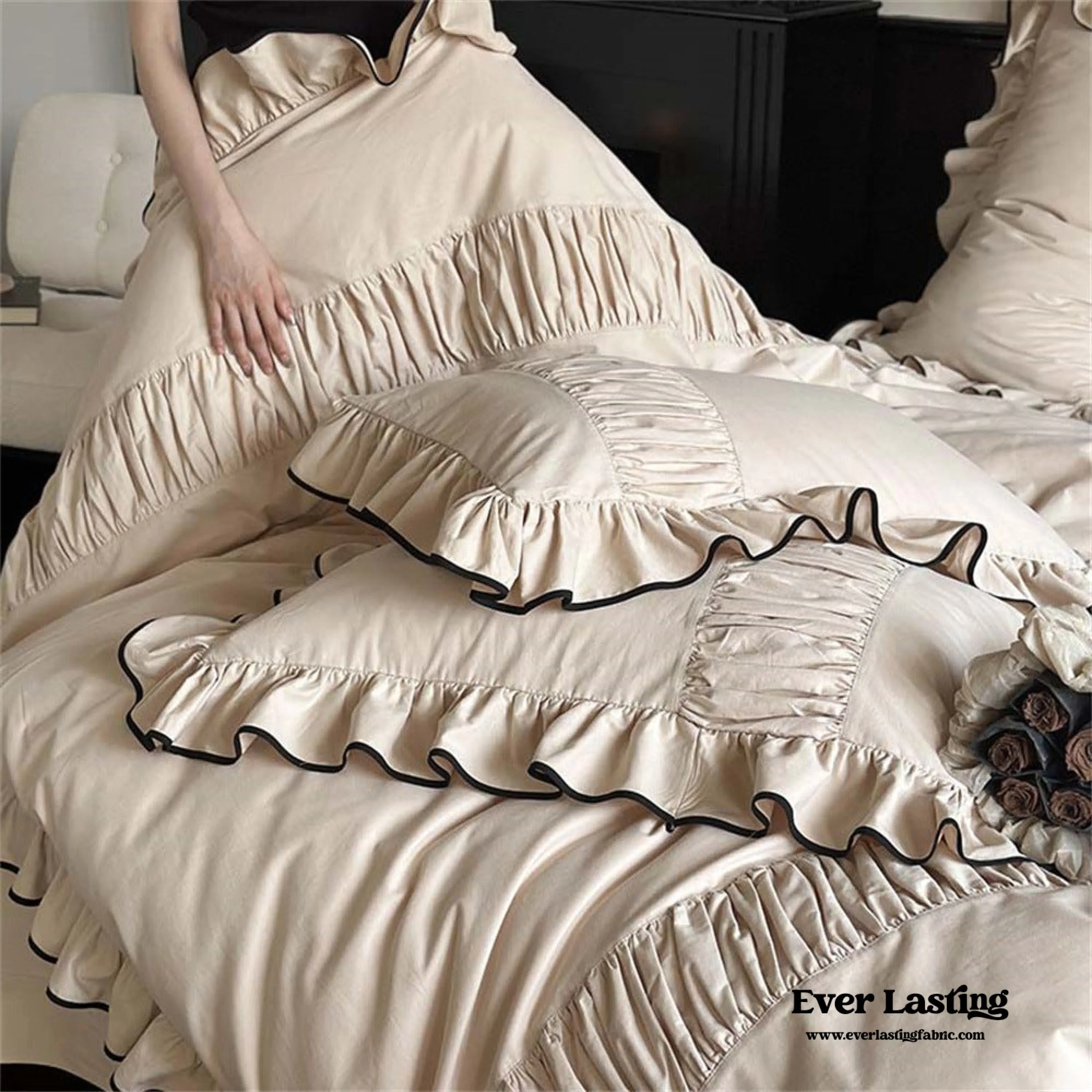 Beige Black Trim Ruffle Bedding Bundle