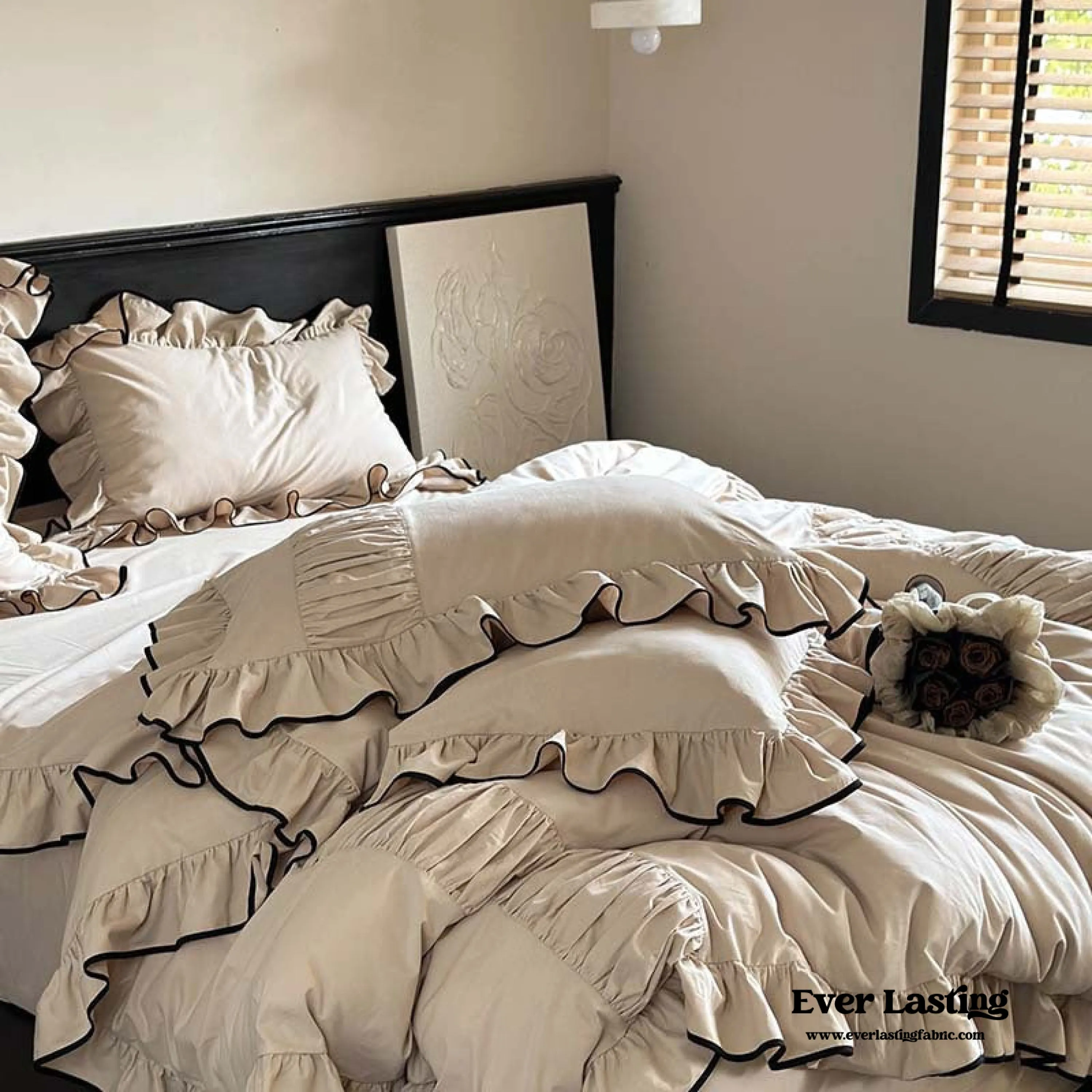 Beige Black Trim Ruffle Bedding Bundle