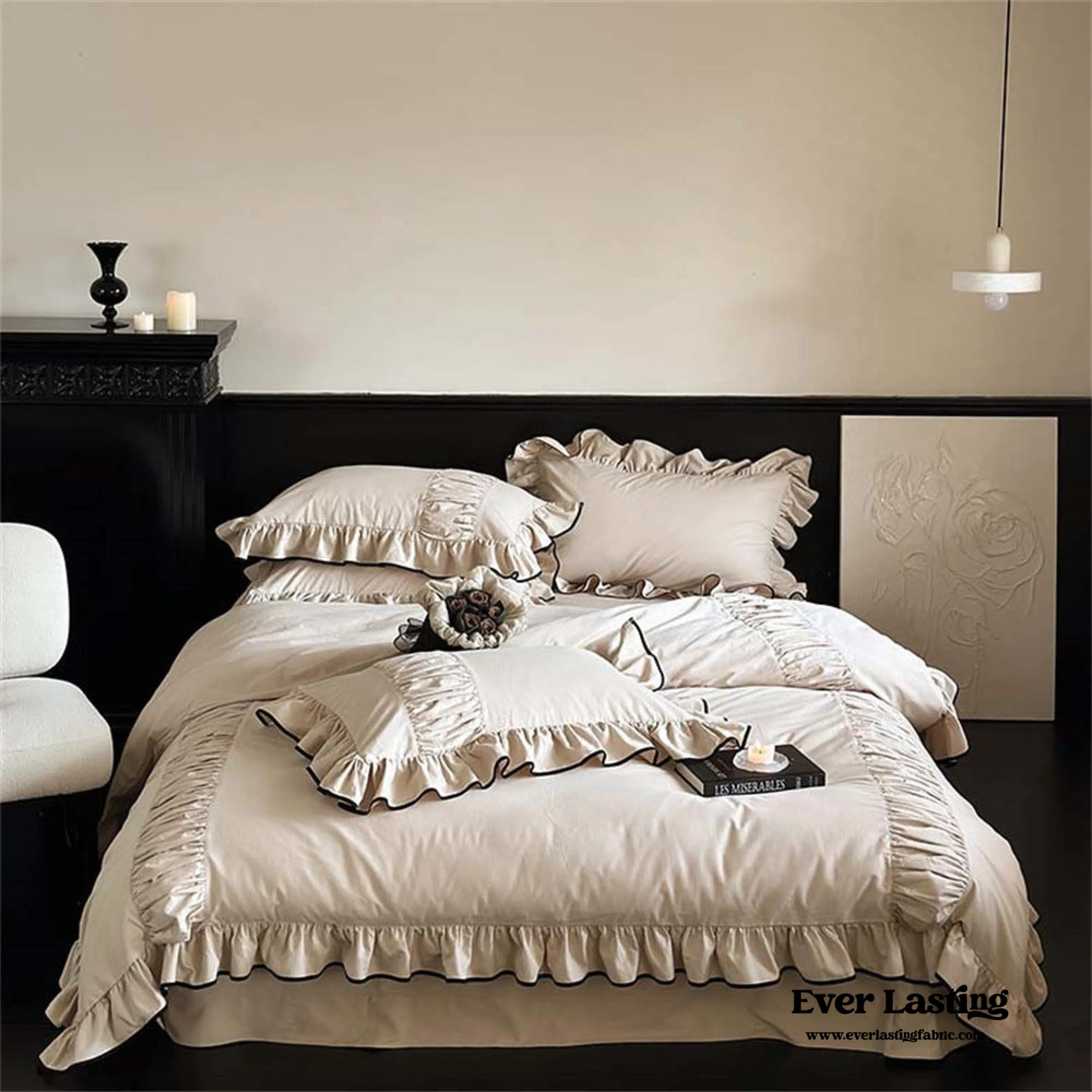 Beige Black Trim Ruffle Bedding Bundle