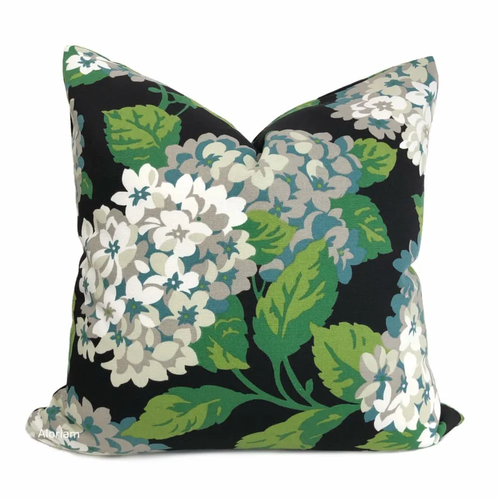 Bella Onyx Green Cream Gray Hydrangea Floral Print Pillow Cover