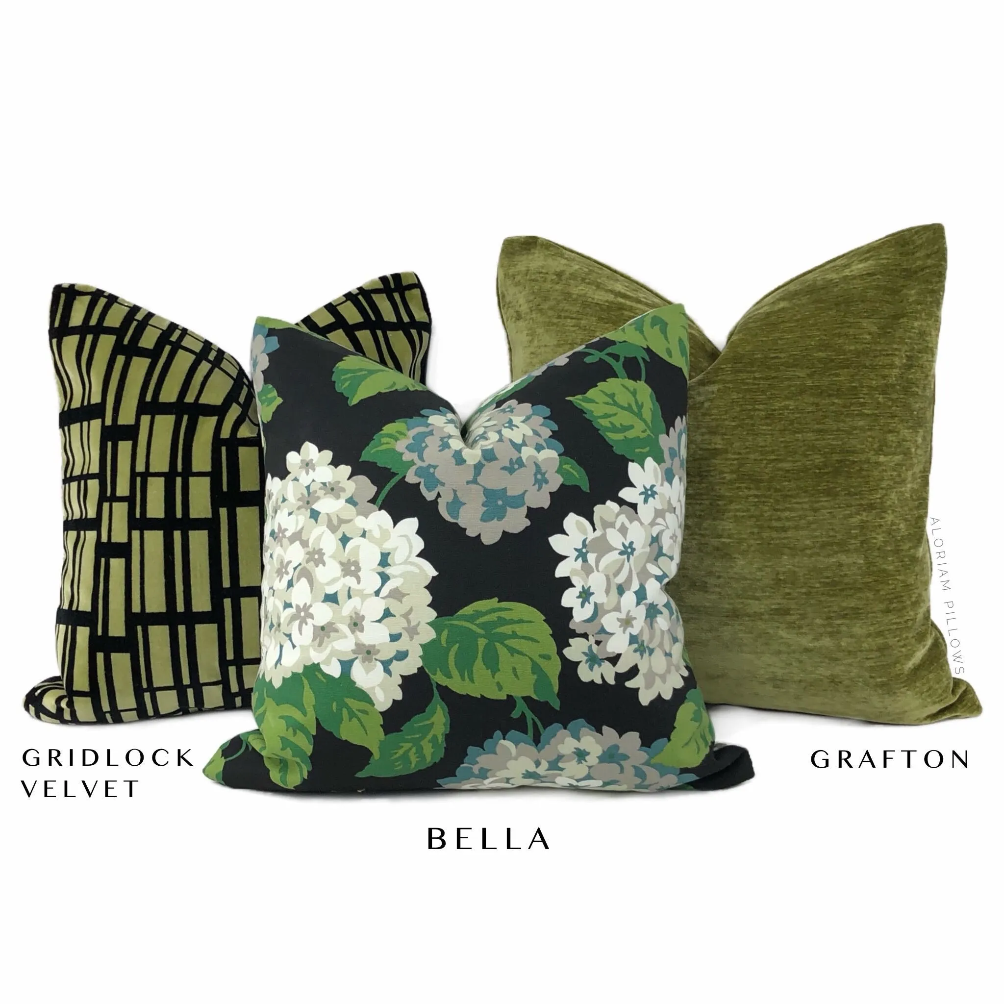 Bella Onyx Green Cream Gray Hydrangea Floral Print Pillow Cover