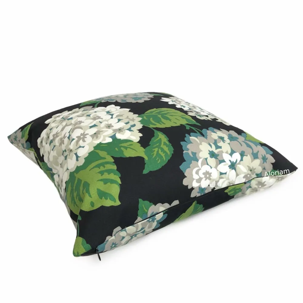 Bella Onyx Green Cream Gray Hydrangea Floral Print Pillow Cover