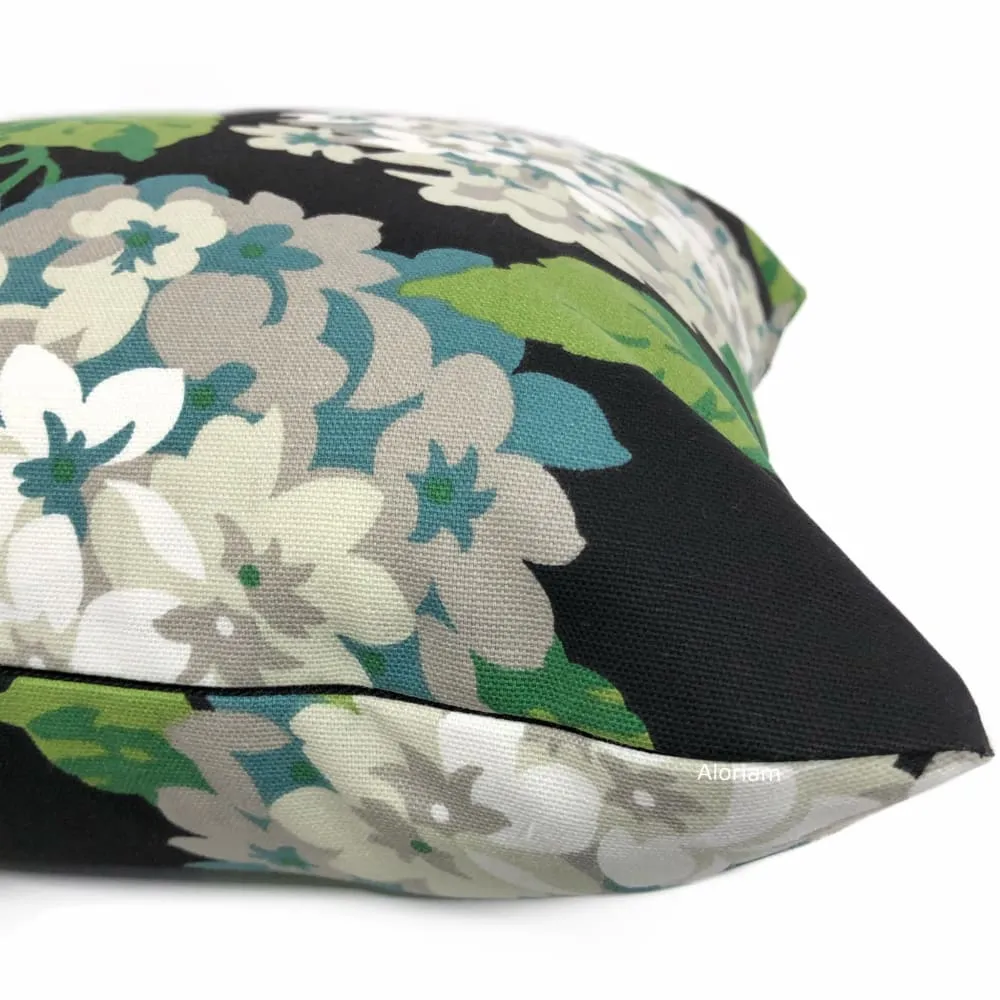 Bella Onyx Green Cream Gray Hydrangea Floral Print Pillow Cover