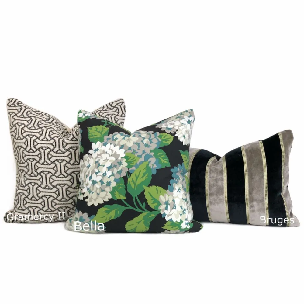 Bella Onyx Green Cream Gray Hydrangea Floral Print Pillow Cover