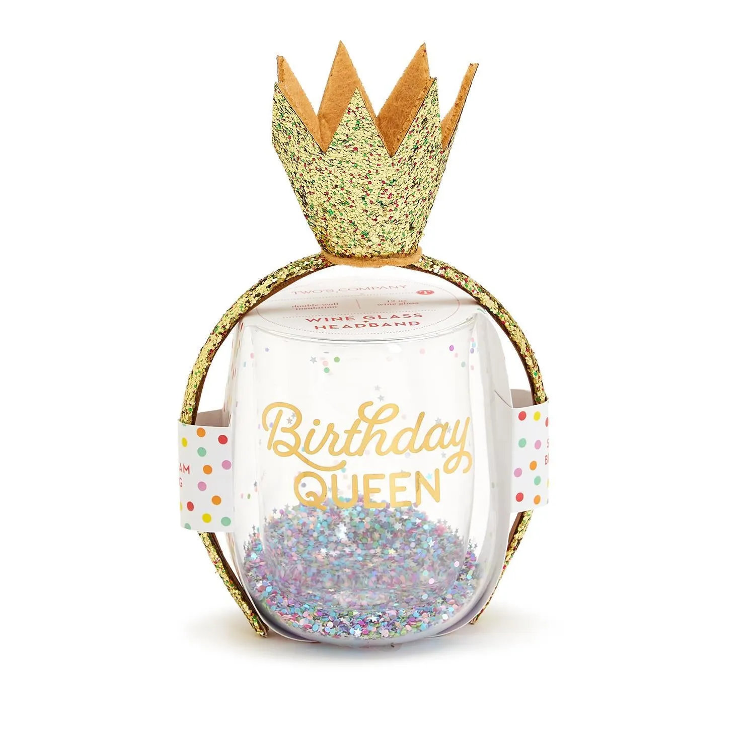 Birthday Queen Double Wall Glitter Stemless Wine Glass and Glitter Crown Headband