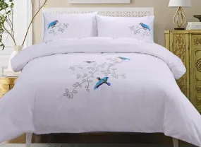 Blue Bird Printed Handmade Embroidery Cotton Luxury 4-Piece Bedding Set/Duvet Cover