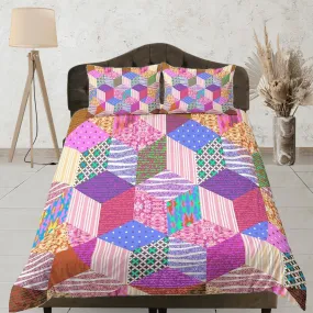 Bright pink patchwork quilt printed duvet cover set, aesthetic room decor bedding set full, king, queen size, boho bedspread shabby chic