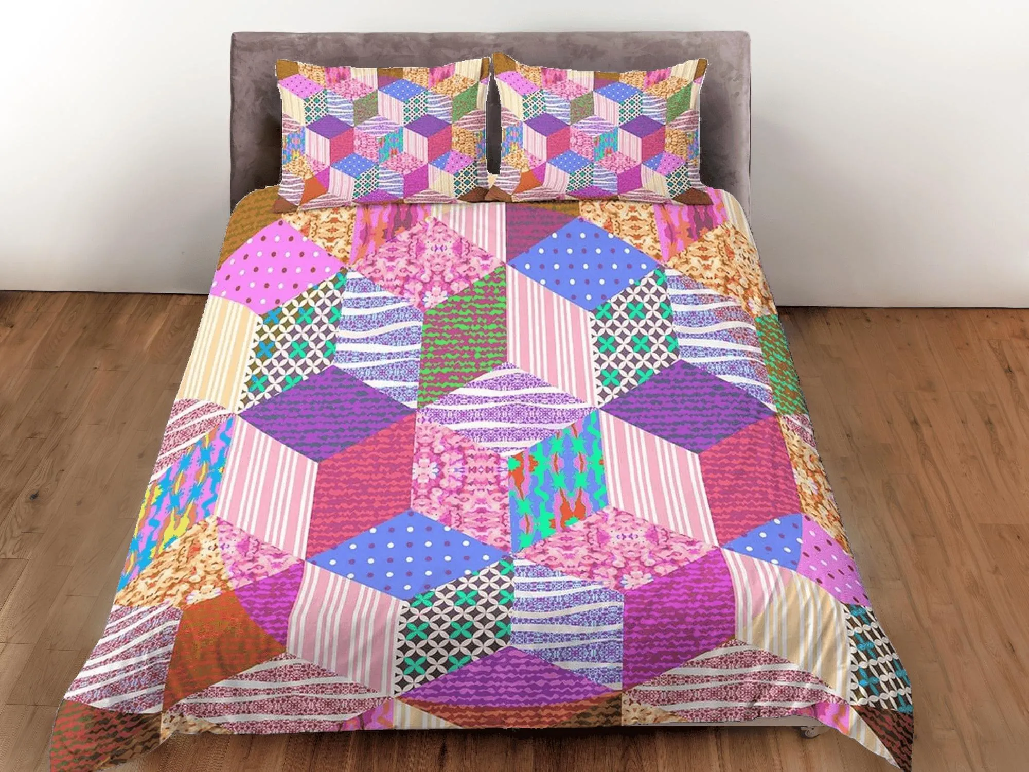 Bright pink patchwork quilt printed duvet cover set, aesthetic room decor bedding set full, king, queen size, boho bedspread shabby chic