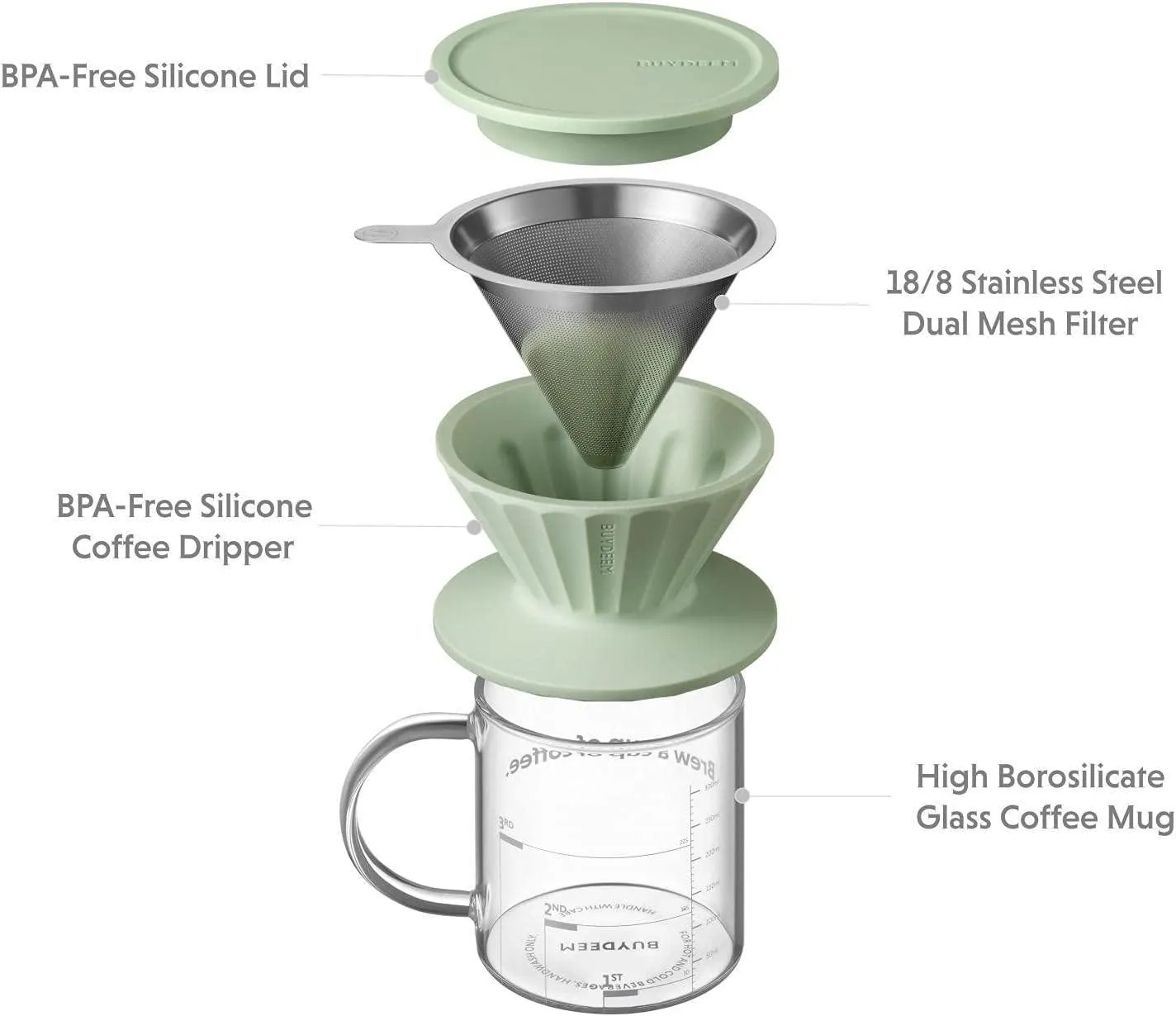 BUYDEEM Coffee Dripper Set CD1024B, BPA Free Food Grade Silicone, Reusable Stainless Steel Coffee Filter for Single Cup,12 oz