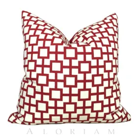 (CLEARANCE) Robert Allen Cats Cradle Red Cream Geometric Squares Linen Pillow Cover