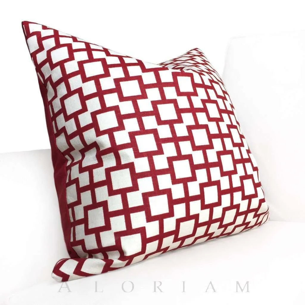 (CLEARANCE) Robert Allen Cats Cradle Red Cream Geometric Squares Linen Pillow Cover