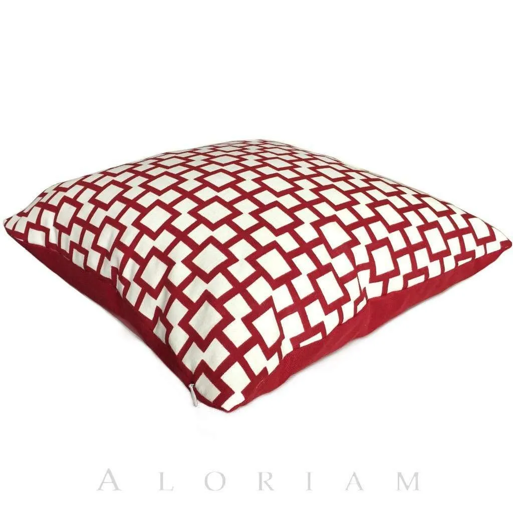 (CLEARANCE) Robert Allen Cats Cradle Red Cream Geometric Squares Linen Pillow Cover