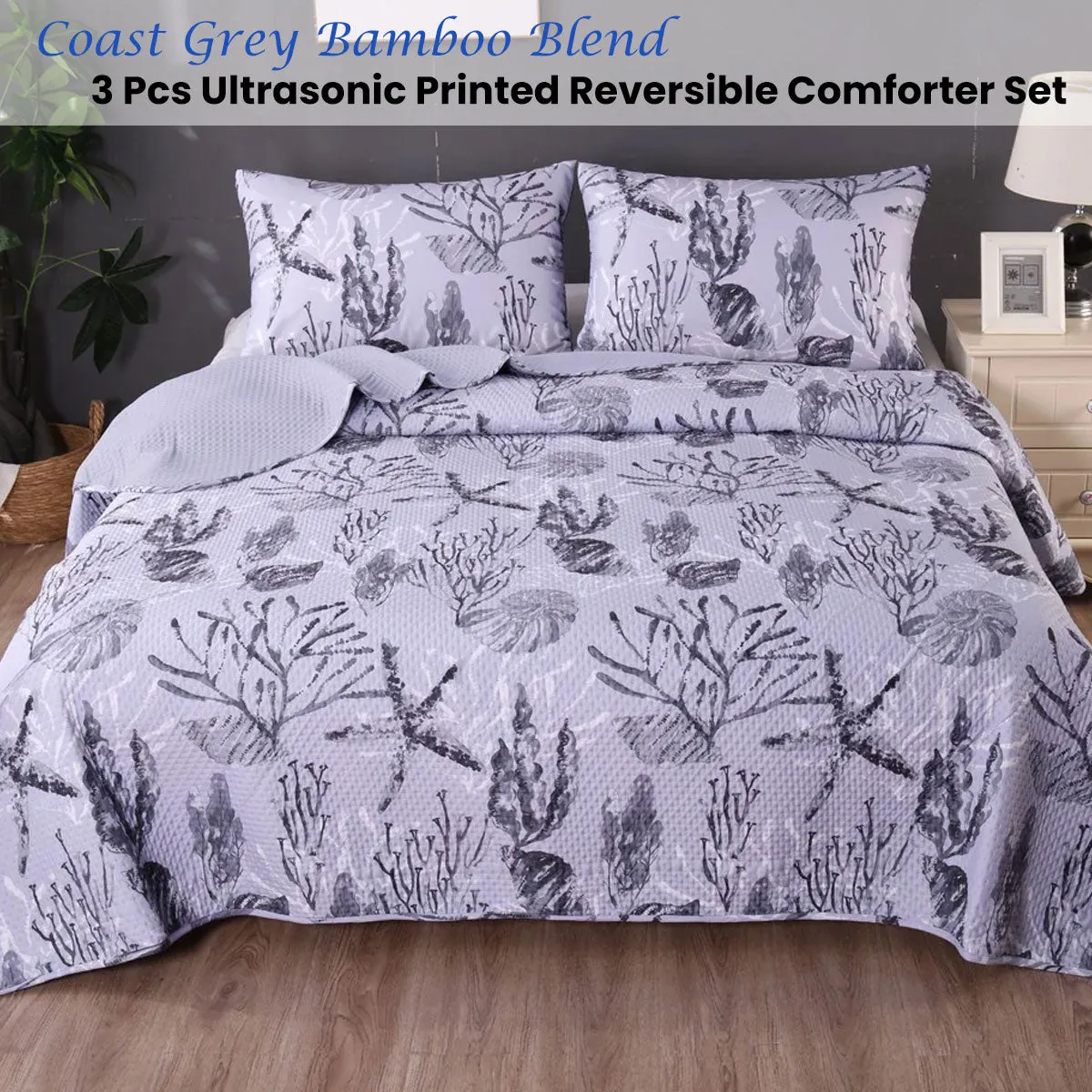 Coast Grey 3 Pcs Bamboo Blend Ultrosonic Reversible Comforter Set King