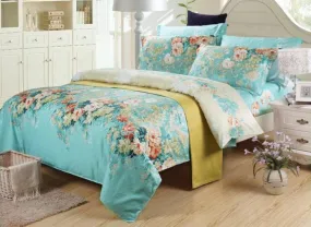 Colorful Blooming Flowers Retro Style Blue Luxury 4-Piece Bedding Sets/Duvet Cover