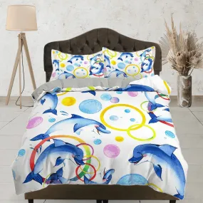 Colorful dolphin bedding white duvet cover, ocean blush decor bottle nose dolphin bedding set full king queen twin, college dorm bedding