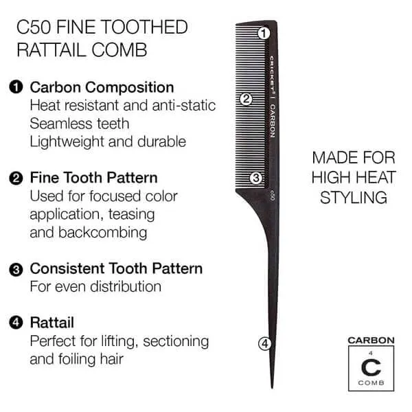 Cricket Carbon Comb C50 Fine Toothed Rattail Comb