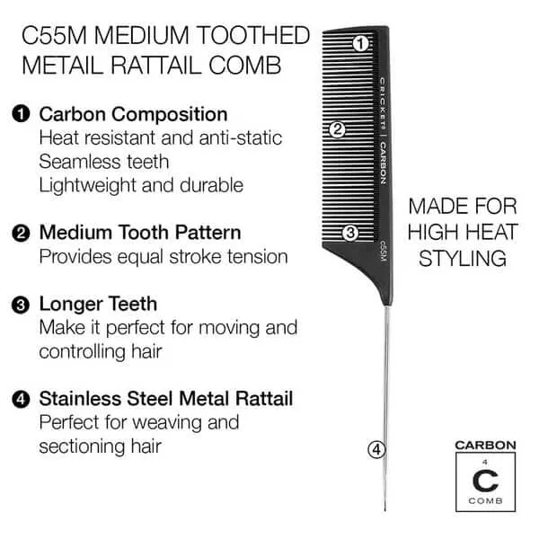 Cricket Carbon Comb C55M Medium Toothed Metal Rattail Comb