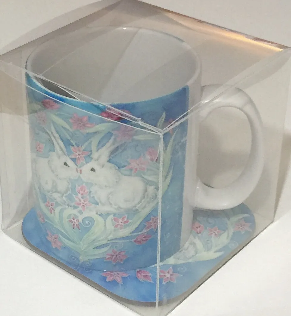 Cute Bunny Mug - Mug and Coaster Box Set - White Bunny Mug - Rabbit Fun Mug Gift