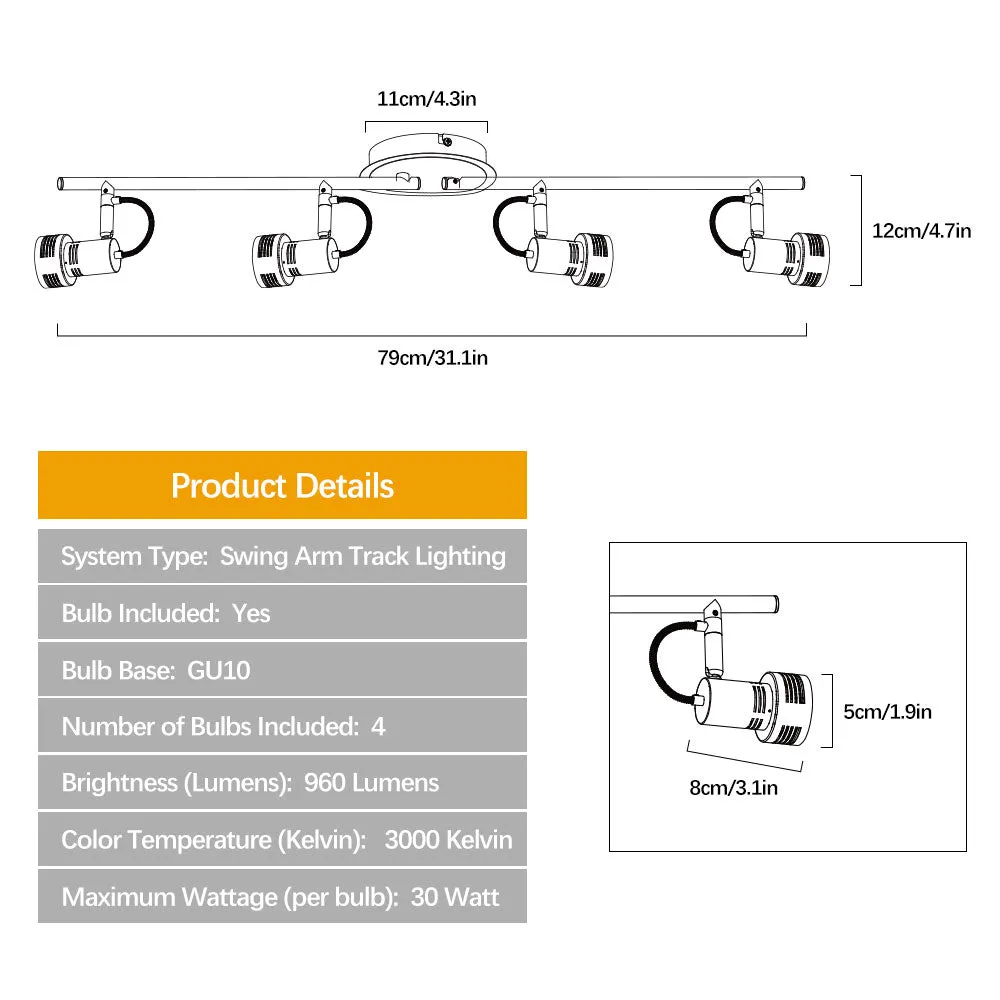 Depuley Modern Track Lighting Kit, 4-Light Flush Mount Directional Track Lights for Kitchen, Foldable Ceiling Spots Light for Living Room/Hallway/Bedroom/Kitchen, Swing Arms