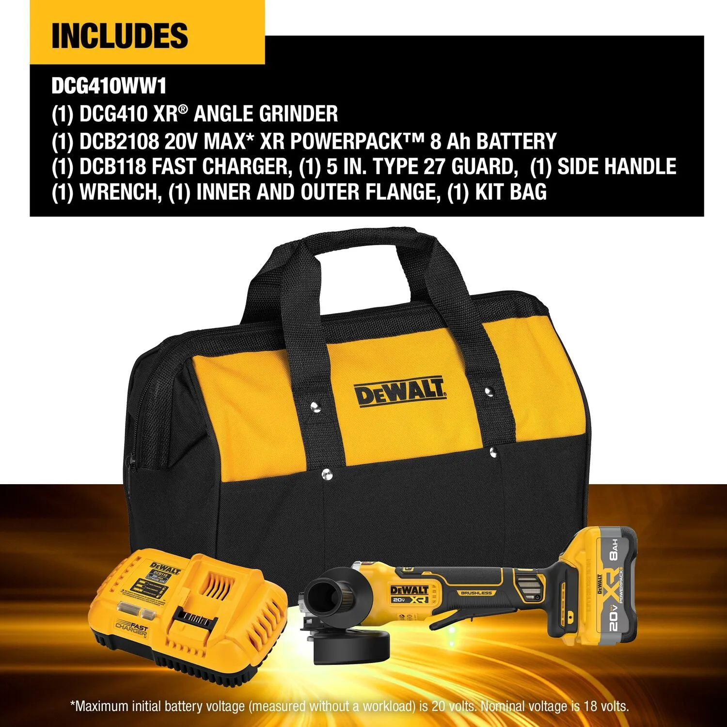 Dewalt DCG410WW1 - 20V MAX* XR® BRUSHLESS CORDLESS 4-1/2 IN. - 5 IN. ANGLE GRINDER KIT WITH XR POWERPACK™