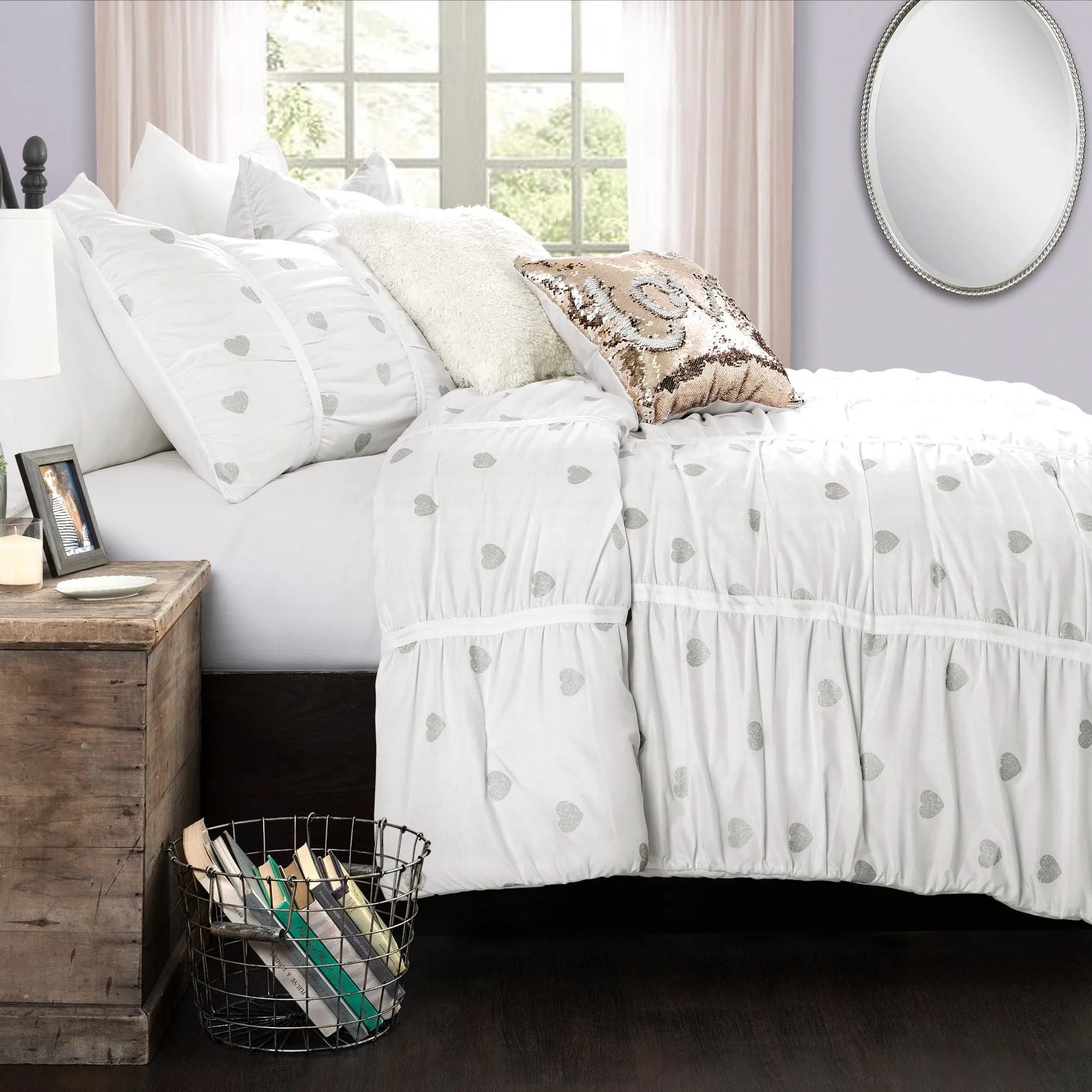 Distressed Metallic Heart Print Comforter Set Back To Campus Dorm Room Bedding