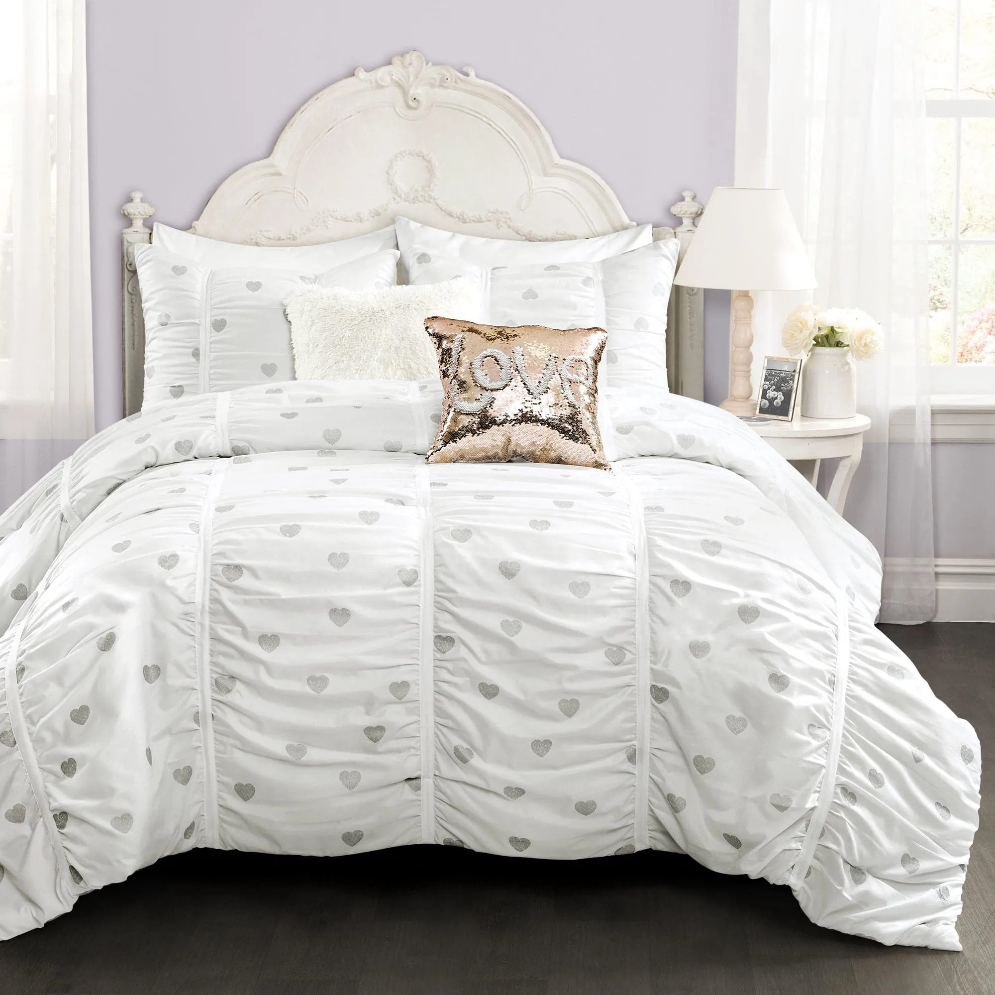 Distressed Metallic Heart Print Comforter Set Back To Campus Dorm Room Bedding